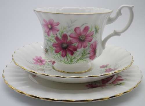 RARE ROYAL ALBERT Bone China Trio. Unnamed set #845 1960s-70s. Cosmos Flowers from friendship Series