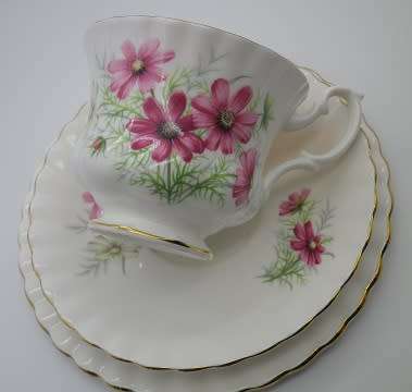 RARE ROYAL ALBERT Bone China Trio. Unnamed set #845 1960s-70s. Cosmos Flowers from friendship Series