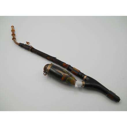 Authentic c1840-1860 Chinese opium pipe: porcelain, wood, metal and material. 40cm.