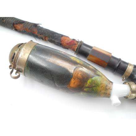 Authentic c1840-1860 Chinese opium pipe: porcelain, wood, metal and material. 40cm.