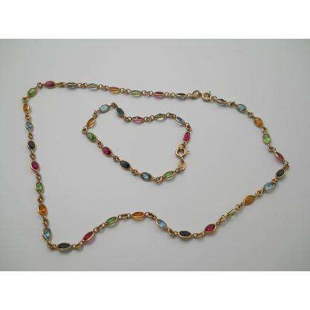 Gorgeous vintage Gold plated STERLING SILVER necklace & bracelet: dainty multi-coloured glass stones