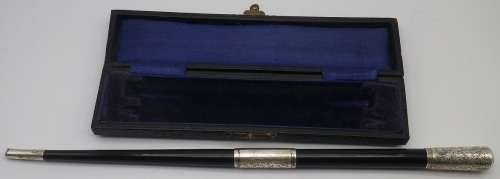 SILVER & EBONY Conductor Travelling Baton. Hallmarked Silver Mounts. LONDON 1936. Boxed