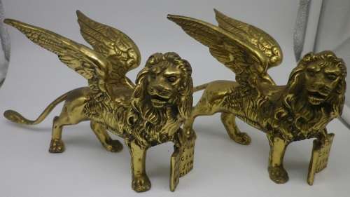 PAIR SOLID BRASS ANTIQUE c 1890s LIONS OF ST MARK 3,1 kg 20 x12 x 8cm