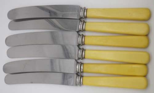 6 Bone handled knives.Mottershaw & Rowe Ltd, Sheffield Eng.Firth Stainless blades 20.2cm