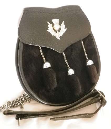 Authentic SCOTTISH leather & fur SPORRAN, chrome thistle badge, belt and chain. v good conidtion