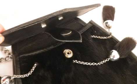 Authentic SCOTTISH leather & fur SPORRAN, chrome thistle badge, belt and chain. v good conidtion