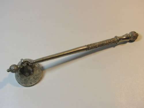 Ornate, heavy candle snuffer. Silver tone metal, fabulous quality. Possibly pewter. 20cm