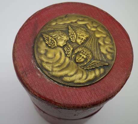 Victorian travelling cup holder. Leather with brass detail of REYNOLDS ANGELS