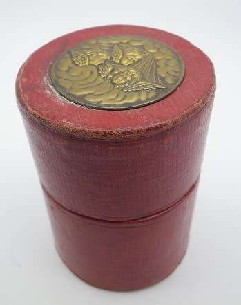 Victorian travelling cup holder. Leather with brass detail of REYNOLDS ANGELS