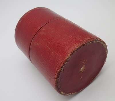 Victorian travelling cup holder. Leather with brass detail of REYNOLDS ANGELS