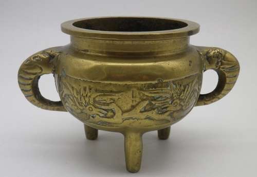 Vintage Chinese solid brass small pot on three legs with dragon motif & elephant handles
