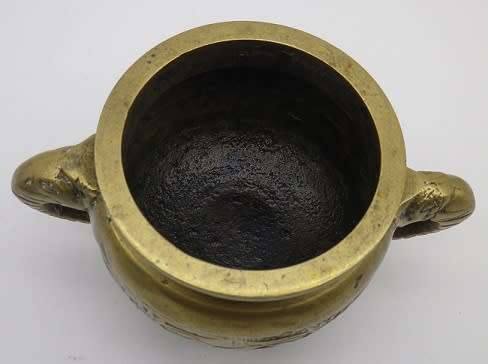 Vintage Chinese solid brass small pot on three legs with dragon motif & elephant handles