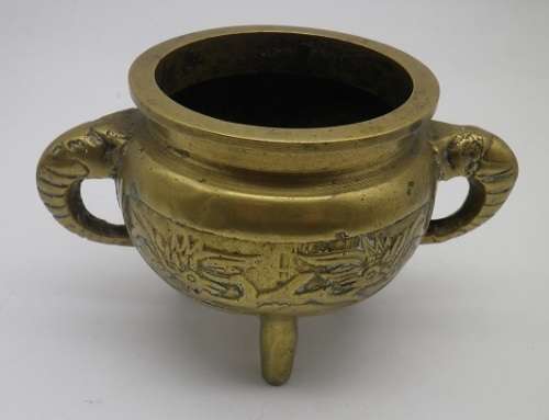 Vintage Chinese solid brass small pot on three legs with dragon motif & elephant handles