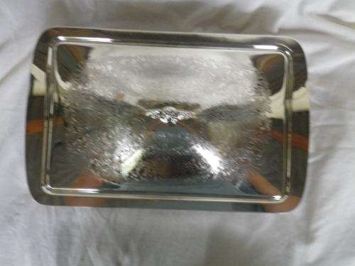 LARGE LIDDED RECTANGULAR SILVER PLATED SERVING BOWL 4 ORNATE FEET & OVEN PROOF GLASS LINER 40x25 cm