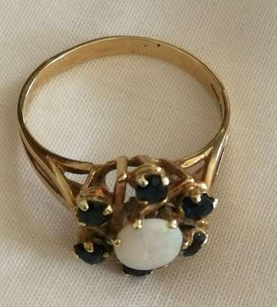 14ct Yellow Gold, Sapphire and Opal Ring Size N Width 11mm. 3 grms
