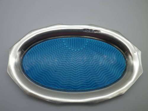 ART DECO SILVER & GUILLOCHE ENAMEL PIN TRAY. BIRMINGHAM, 1931 14 x 8cm 81g