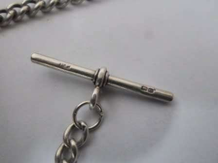 HALLMARKED STERLING SILVER Fob chain. t-bar for Henry Pope, Birmingham, 1913 or 1938, 31.2 grms