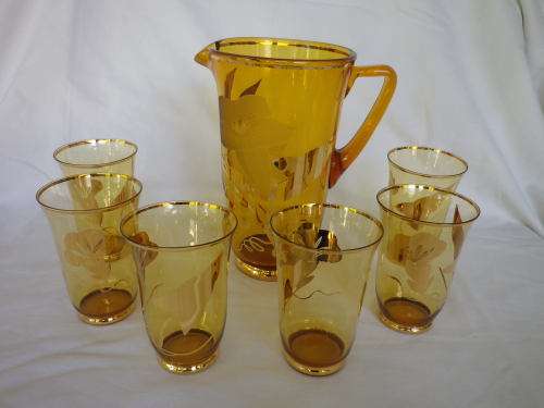 Vintage Water Jug & 6 glasses Set, Bohemian gilded amber glass. Czechoslovakia. MINT CONDITION