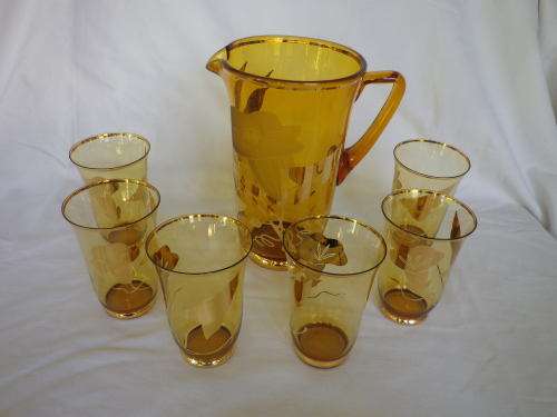 Vintage Water Jug & 6 glasses Set, Bohemian gilded amber glass. Czechoslovakia. MINT CONDITION