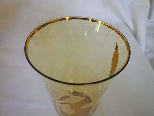 Vintage Water Jug & 6 glasses Set, Bohemian gilded amber glass. Czechoslovakia. MINT CONDITION