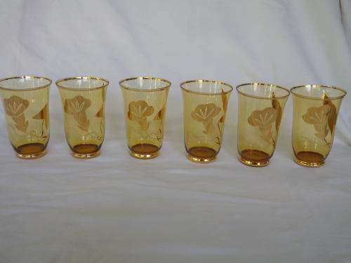 Vintage Water Jug & 6 glasses Set, Bohemian gilded amber glass. Czechoslovakia. MINT CONDITION