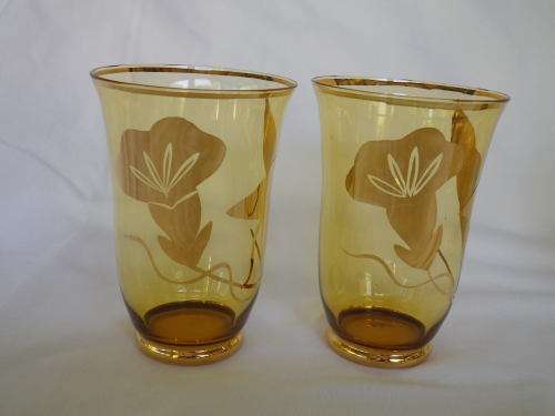 Vintage Water Jug & 6 glasses Set, Bohemian gilded amber glass. Czechoslovakia. MINT CONDITION