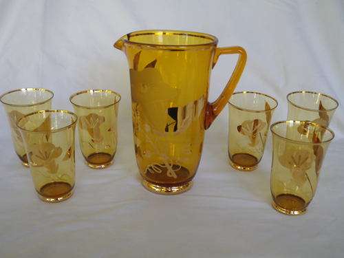 Vintage Water Jug & 6 glasses Set, Bohemian gilded amber glass. Czechoslovakia. MINT CONDITION