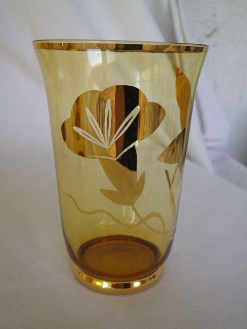 Vintage Water Jug & 6 glasses Set, Bohemian gilded amber glass. Czechoslovakia. MINT CONDITION