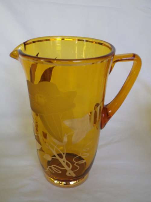 Vintage Water Jug & 6 glasses Set, Bohemian gilded amber glass. Czechoslovakia. MINT CONDITION