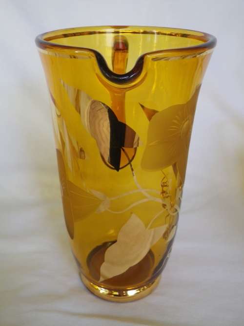 Vintage Water Jug & 6 glasses Set, Bohemian gilded amber glass. Czechoslovakia. MINT CONDITION