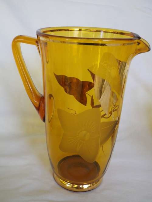 Vintage Water Jug & 6 glasses Set, Bohemian gilded amber glass. Czechoslovakia. MINT CONDITION