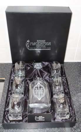 Glencairn Crystal Scotland Whiskey Decanter & 6 Glasses. Designed by Rennie Mackintosh boxed
