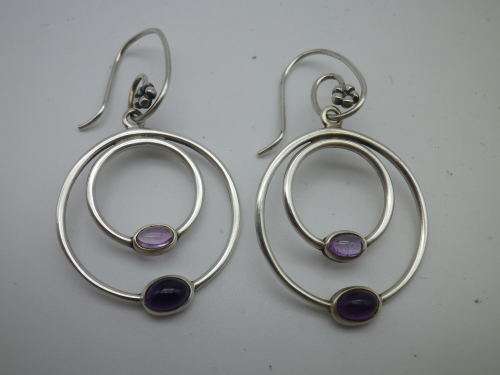 PANDORA STERLING SILVER & 2 TONE AMETHYST DOUBLE HOOP EARRINGS