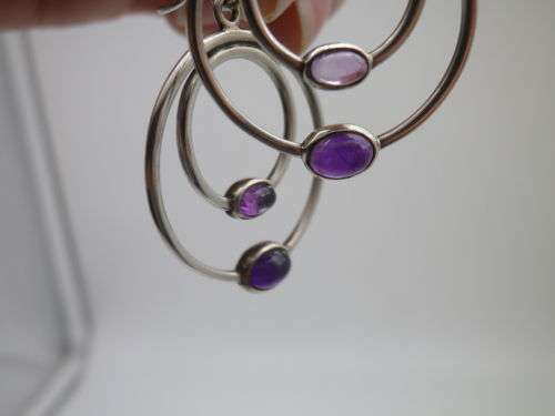 PANDORA STERLING SILVER & 2 TONE AMETHYST DOUBLE HOOP EARRINGS