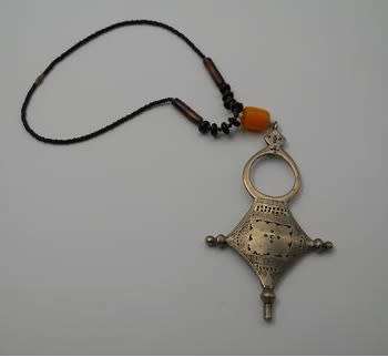 African Tribal Necklace with amber bead & amulet. Possibly low grade silver. A Beauty