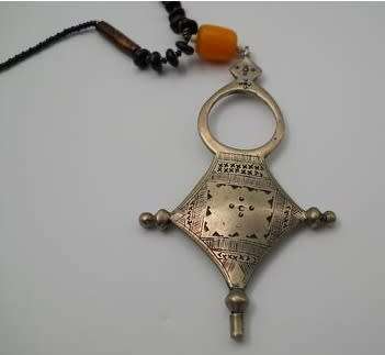 African Tribal Necklace with amber bead & amulet. Possibly low grade silver. A Beauty