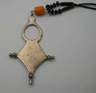 African Tribal Necklace with amber bead & amulet. Possibly low grade silver. A Beauty