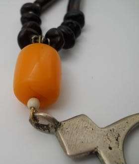 African Tribal Necklace with amber bead & amulet. Possibly low grade silver. A Beauty