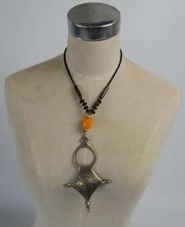 African Tribal Necklace with amber bead & amulet. Possibly low grade silver. A Beauty