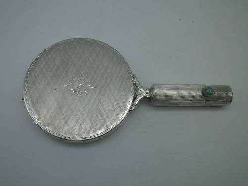 ART DECO Silver Mirror, Compact & lipstick holder CONTINENTAL 800 SILVER with Turquoise stone