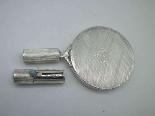 ART DECO Silver Mirror, Compact & lipstick holder CONTINENTAL 800 SILVER with Turquoise stone