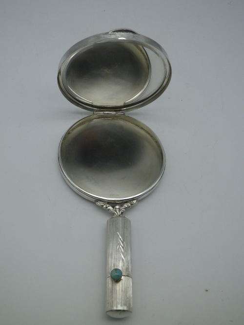 ART DECO Silver Mirror, Compact & lipstick holder CONTINENTAL 800 SILVER with Turquoise stone