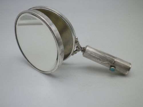 ART DECO Silver Mirror, Compact & lipstick holder CONTINENTAL 800 SILVER with Turquoise stone