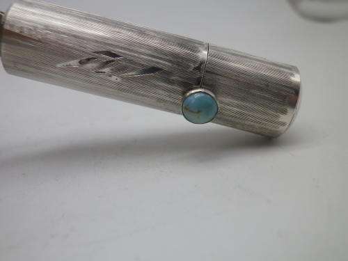 ART DECO Silver Mirror, Compact & lipstick holder CONTINENTAL 800 SILVER with Turquoise stone