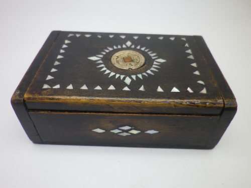 Vintage wooden box with antique Chinese coin and mother of pearl detail 12.5c8.5x 4.5cm