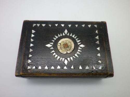 Vintage wooden box with antique Chinese coin and mother of pearl detail 12.5c8.5x 4.5cm