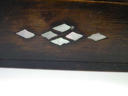 Vintage wooden box with antique Chinese coin and mother of pearl detail 12.5c8.5x 4.5cm