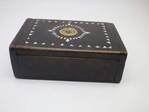 Vintage wooden box with antique Chinese coin and mother of pearl detail 12.5c8.5x 4.5cm