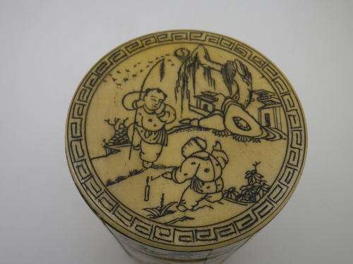 Antique Chinese Lidded Brush pot. Fine Carved Scrimshaw detail. RARE! Special!