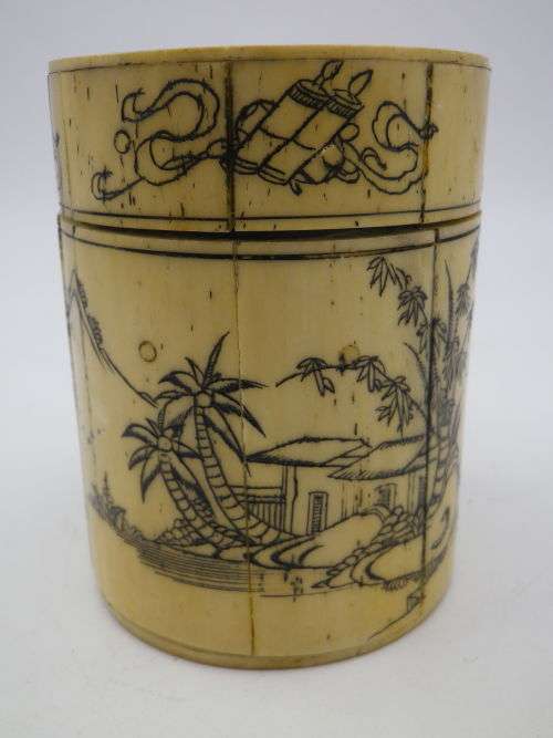 Antique Chinese Lidded Brush pot. Fine Carved Scrimshaw detail. RARE! Special!
